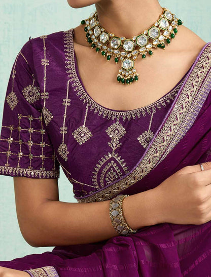 Purple Ethnic Chiffon With Banglori Silk Blouse Zari Sequence Saree