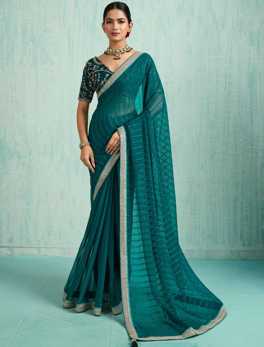 Blue Ethnic Chiffon With Banglori Silk Blouse Zari Sequence Saree