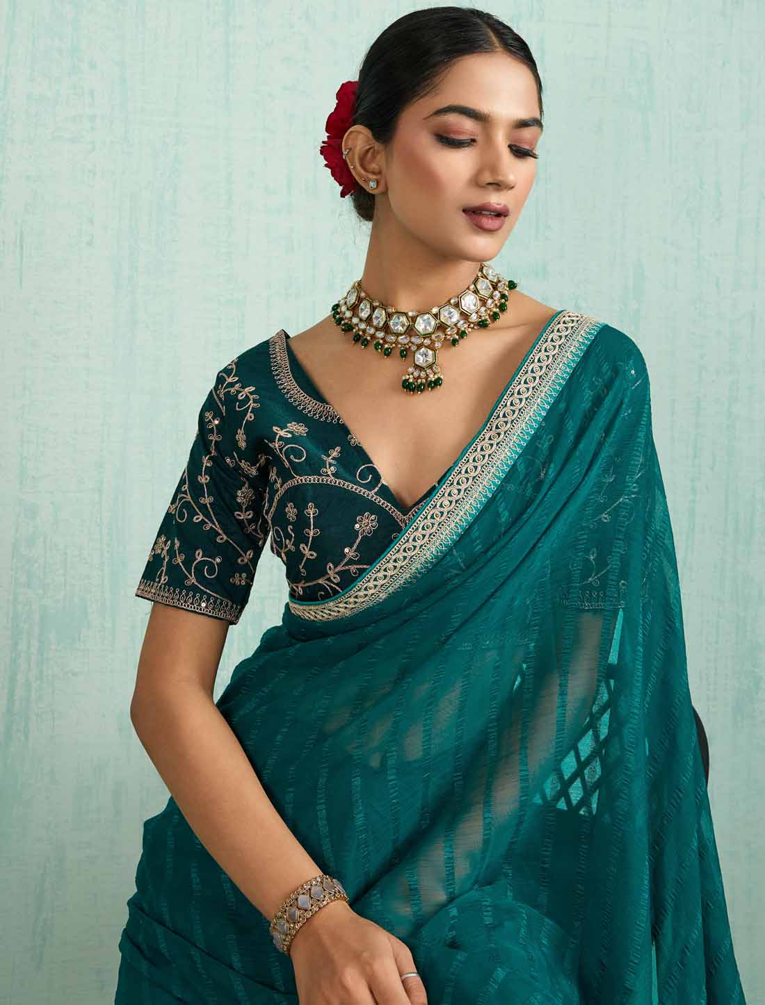 Blue Ethnic Chiffon With Banglori Silk Blouse Zari Sequence Saree