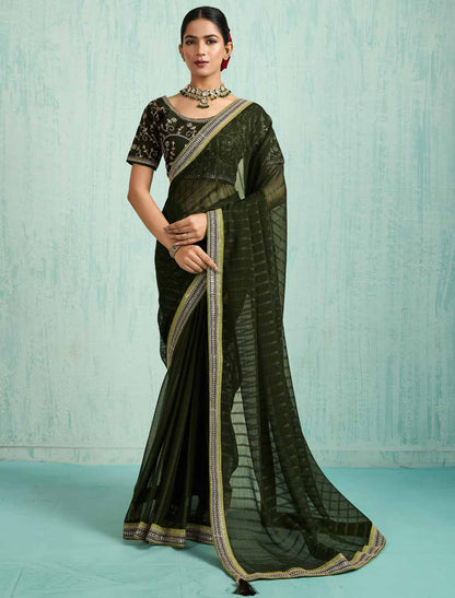 Green Ethnic Chiffon With Banglori Silk Blouse Zari Sequence Saree