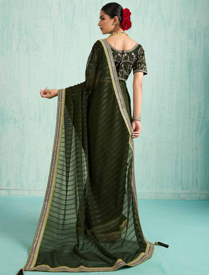 Green Ethnic Chiffon With Banglori Silk Blouse Zari Sequence Saree