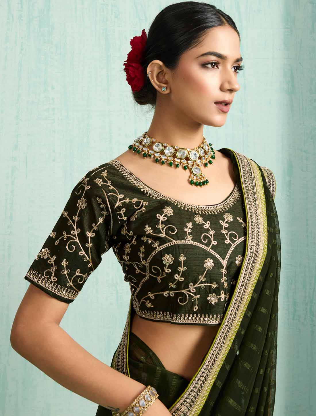 Green Ethnic Chiffon With Banglori Silk Blouse Zari Sequence Saree
