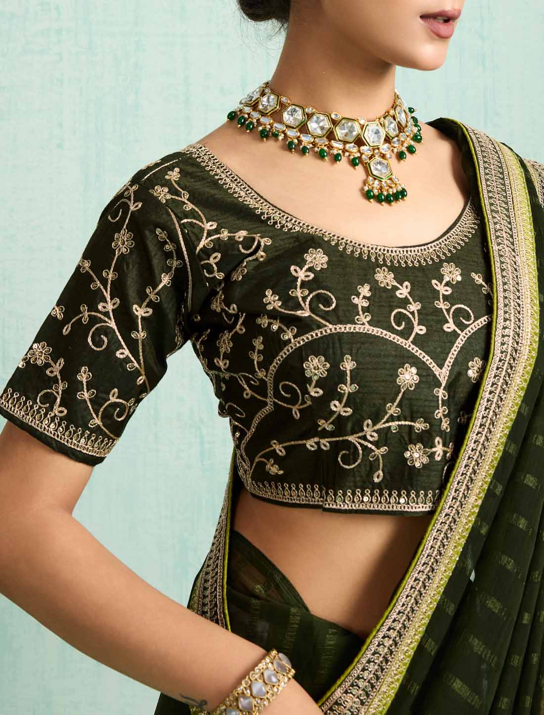 Green Ethnic Chiffon With Banglori Silk Blouse Zari Sequence Saree