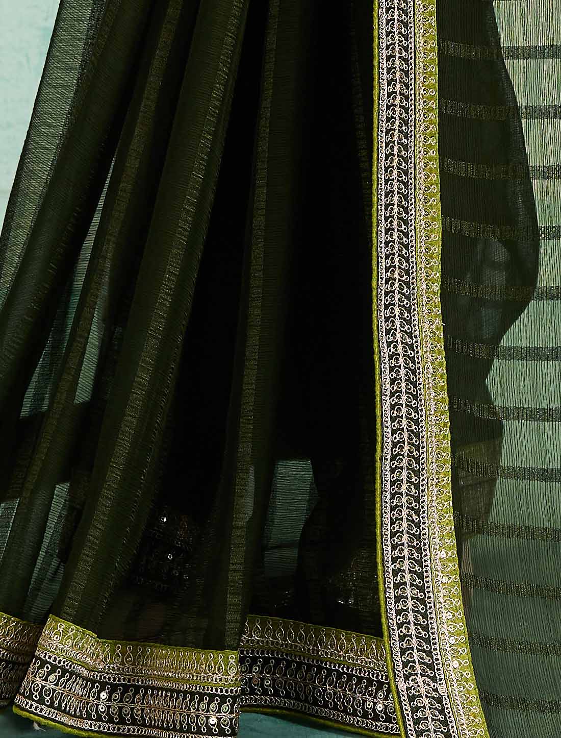 Green Ethnic Chiffon With Banglori Silk Blouse Zari Sequence Saree
