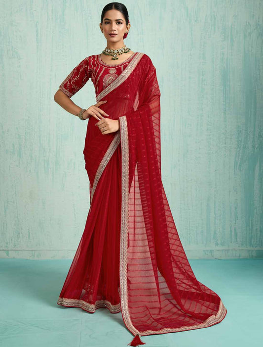 Red Ethnic Chiffon With Banglori Silk Blouse Zari Sequence Saree