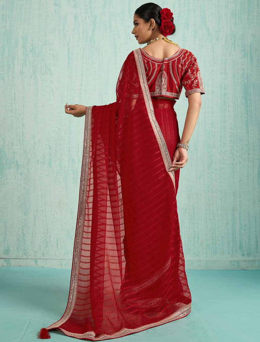 Red Ethnic Chiffon With Banglori Silk Blouse Zari Sequence Saree
