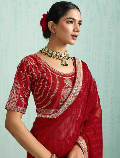 Red Ethnic Chiffon With Banglori Silk Blouse Zari Sequence Saree