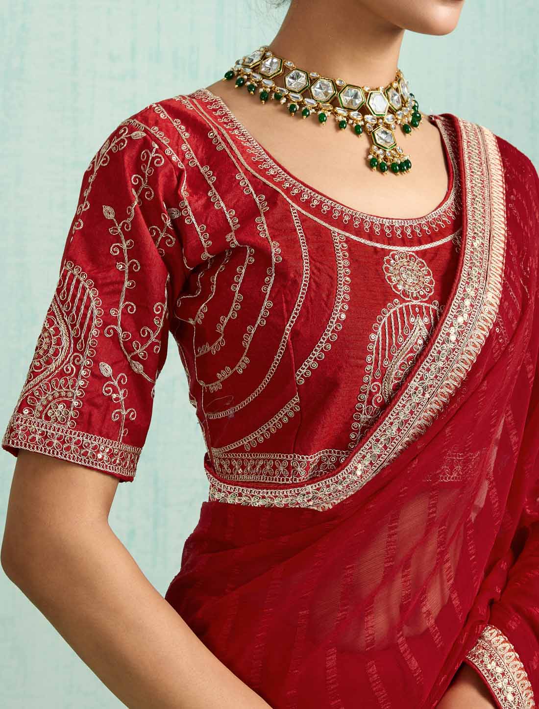 Red Ethnic Chiffon With Banglori Silk Blouse Zari Sequence Saree