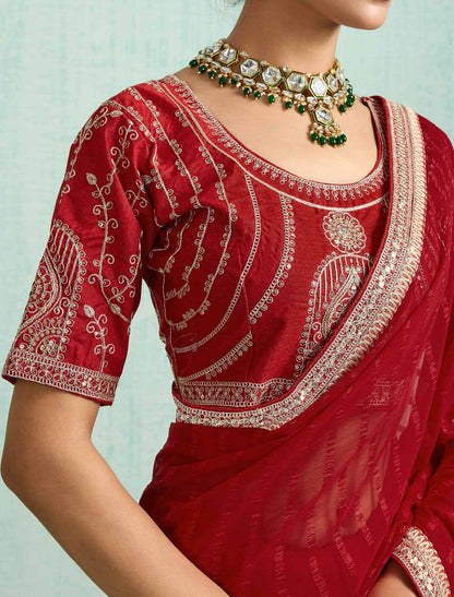 Red Ethnic Chiffon With Banglori Silk Blouse Zari Sequence Saree