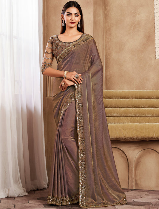 Elevate Style With Ethnic Gold Flake Silk Designer Party Wear Saree