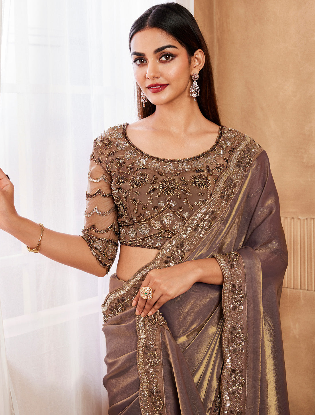 Elevate Style With Ethnic Gold Flake Silk Designer Party Wear Saree