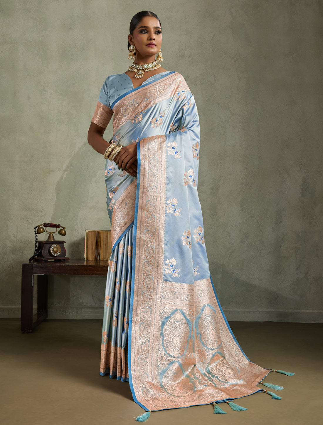Blue Satin Silk Party Wear Saree Banarasi Zari Woven with Butta