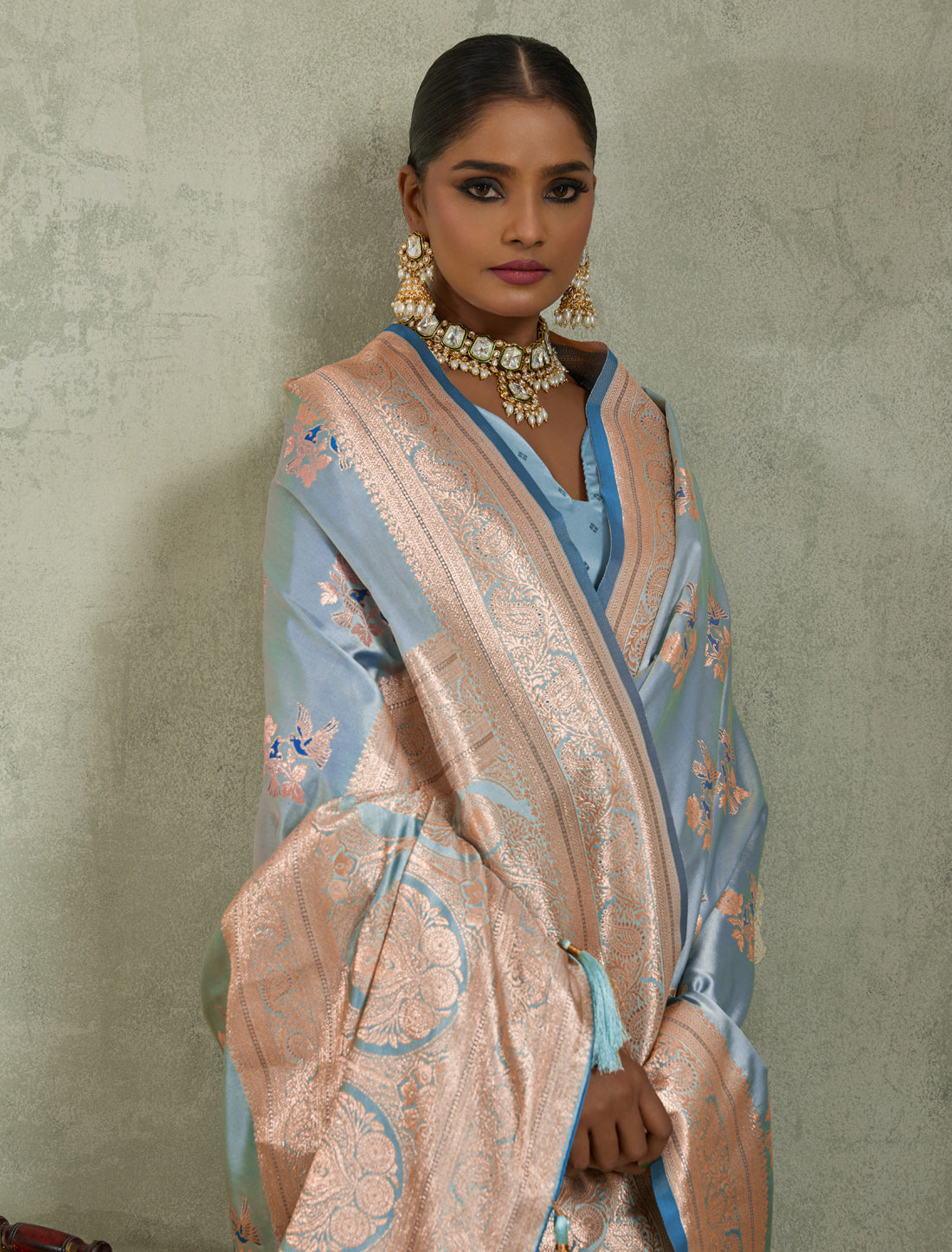 Blue Satin Silk Party Wear Saree Banarasi Zari Woven with Butta