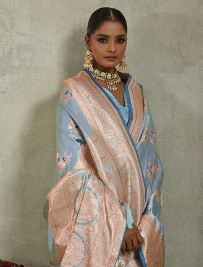 Blue Satin Silk Party Wear Saree Banarasi Zari Woven with Butta