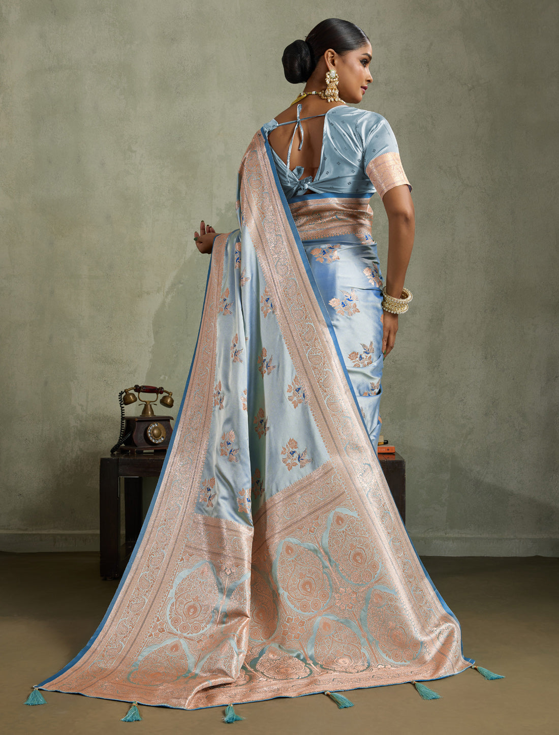 Blue Satin Silk Party Wear Saree Banarasi Zari Woven with Butta