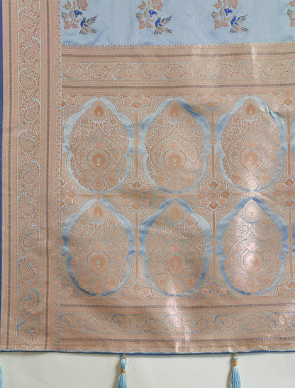 Blue Satin Silk Party Wear Saree Banarasi Zari Woven with Butta