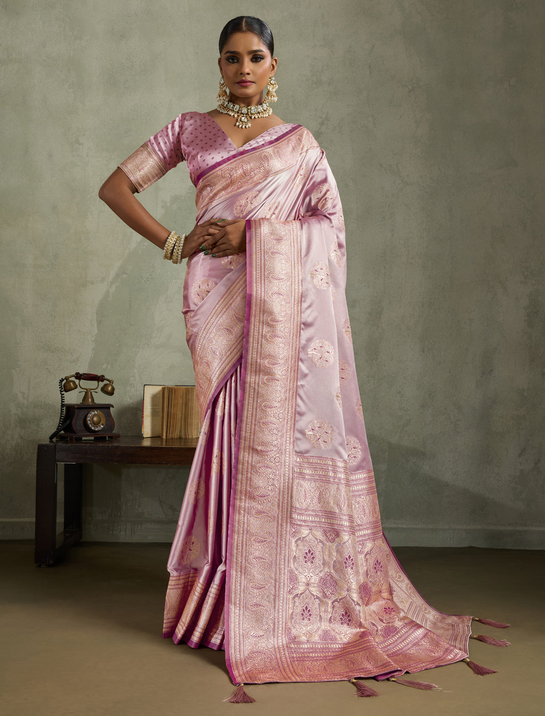 Pink Satin Silk Banarasi Zari Woven Rich Pallu Designer Saree