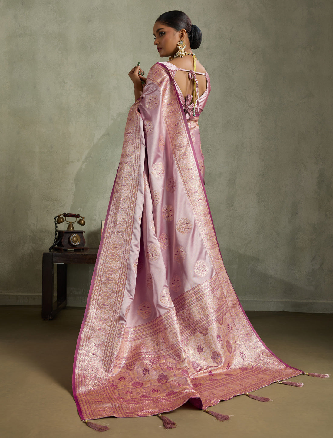 Pink Satin Silk Banarasi Zari Woven Rich Pallu Designer Saree