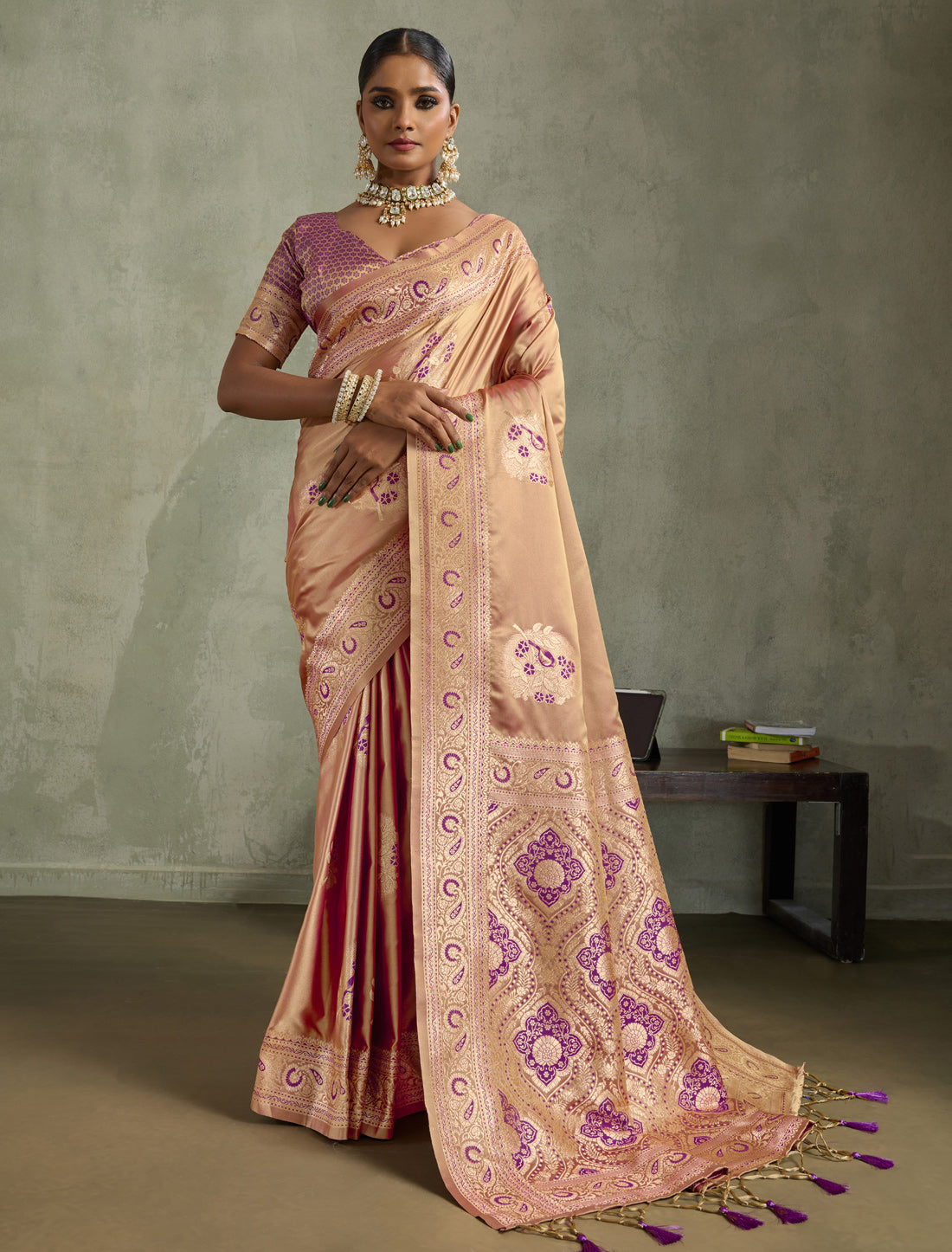 Beige Satin Silk Designer Saree Banarasi Zari Woven Meenakari in Border