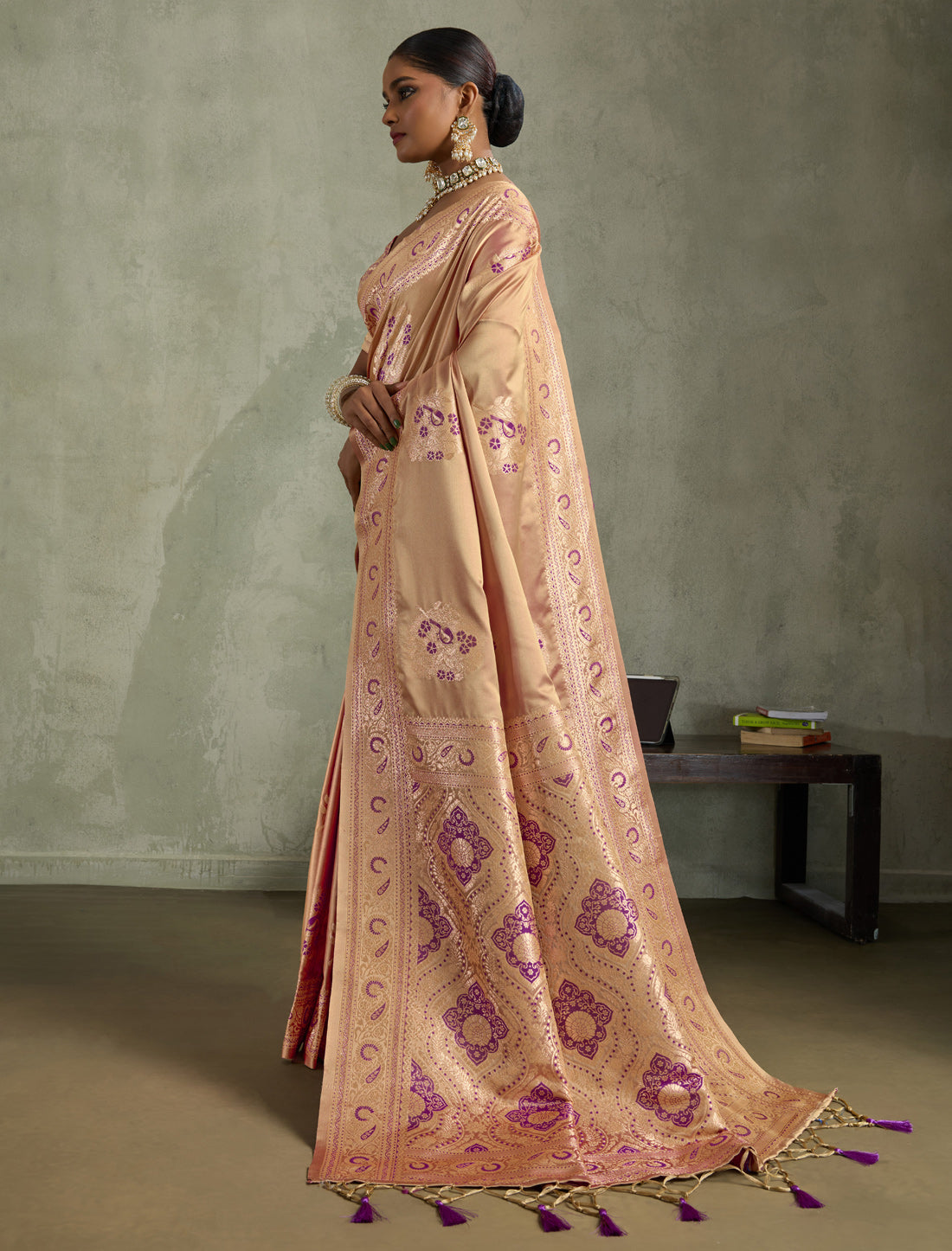 Beige Satin Silk Designer Saree Banarasi Zari Woven Meenakari in Border