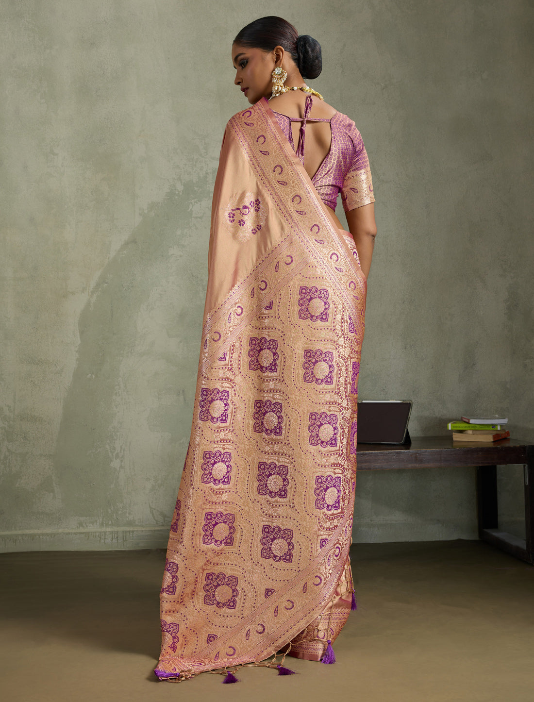 Beige Satin Silk Designer Saree Banarasi Zari Woven Meenakari in Border