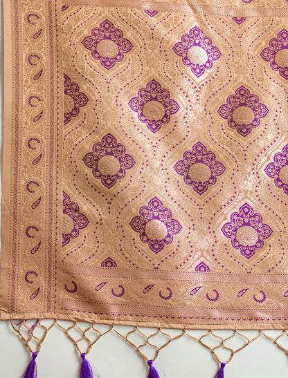 Beige Satin Silk Designer Saree Banarasi Zari Woven Meenakari in Border