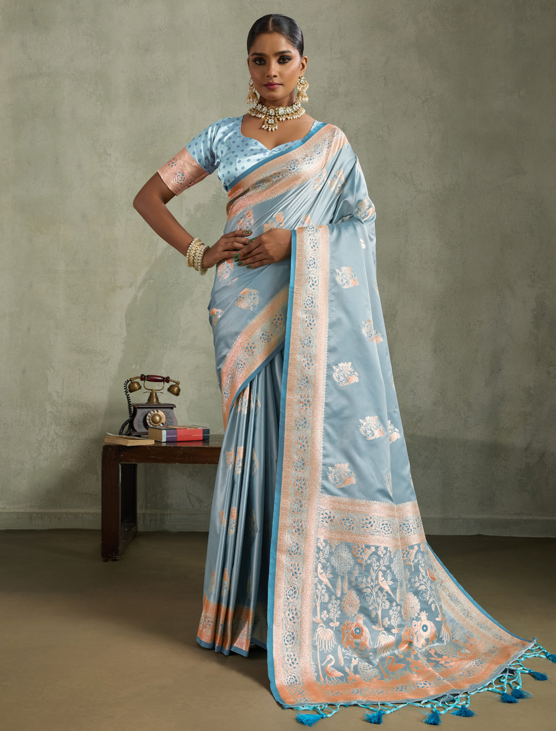 Sky Blue Designer Banarasi Zari Woven Satin Silk Saree Meenakari Border