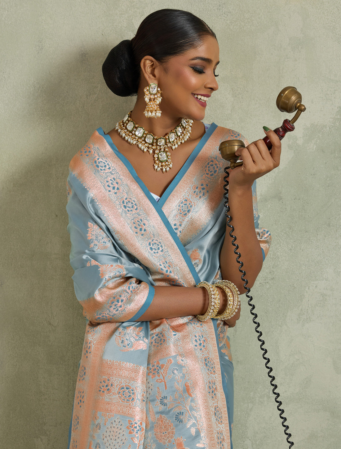 Sky Blue Designer Banarasi Zari Woven Satin Silk Saree Meenakari Border