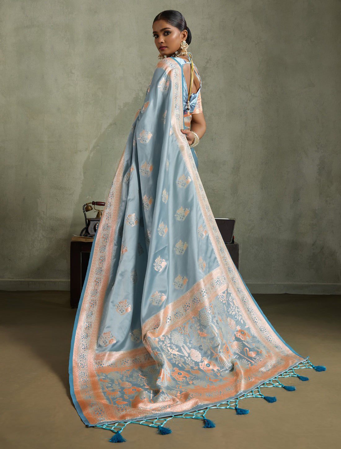 Sky Blue Designer Banarasi Zari Woven Satin Silk Saree Meenakari Border