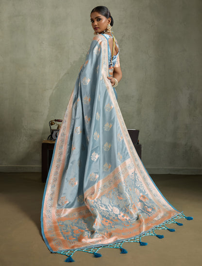 Sky Blue Designer Banarasi Zari Woven Satin Silk Saree Meenakari Border