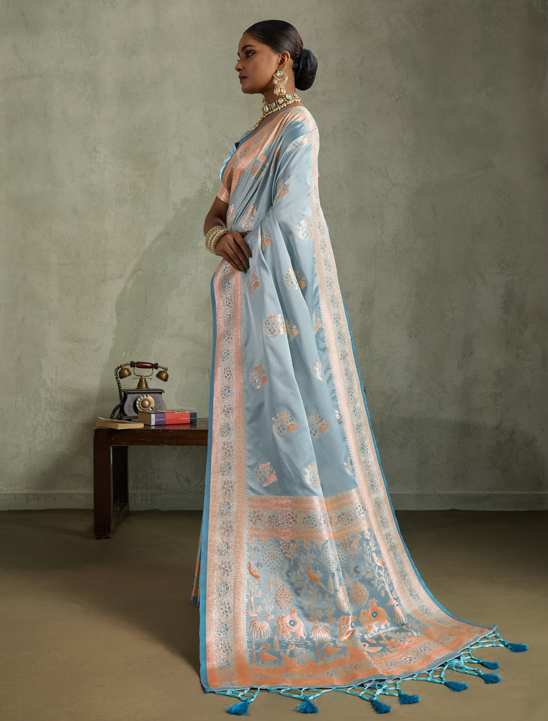 Sky Blue Designer Banarasi Zari Woven Satin Silk Saree Meenakari Border