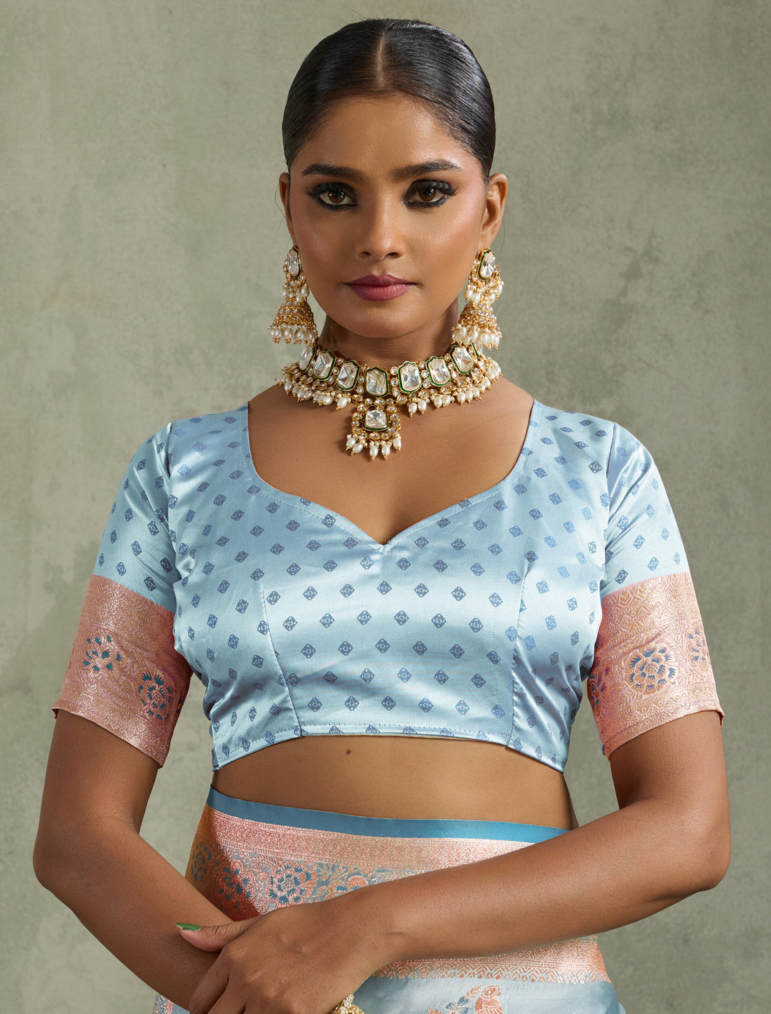 Sky Blue Designer Banarasi Zari Woven Satin Silk Saree Meenakari Border