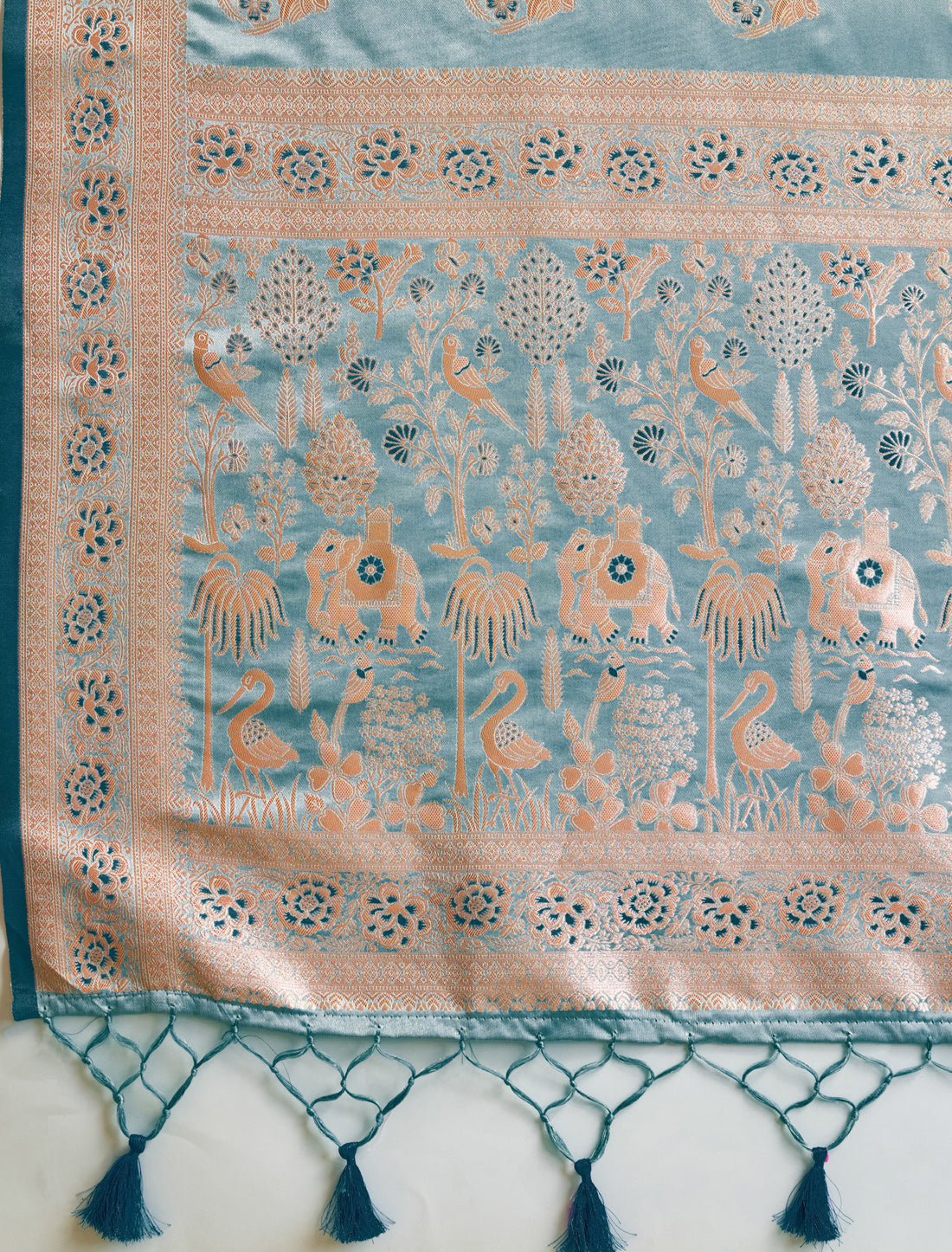 Sky Blue Designer Banarasi Zari Woven Satin Silk Saree Meenakari Border