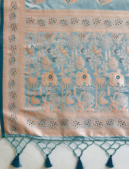 Sky Blue Designer Banarasi Zari Woven Satin Silk Saree Meenakari Border