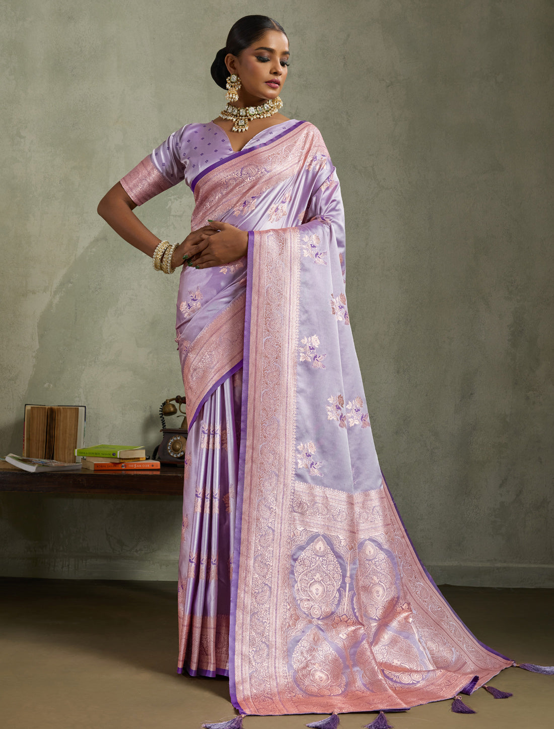 Lavender Banarasi Zari Meenakari Party Wear Satin Silk Saree