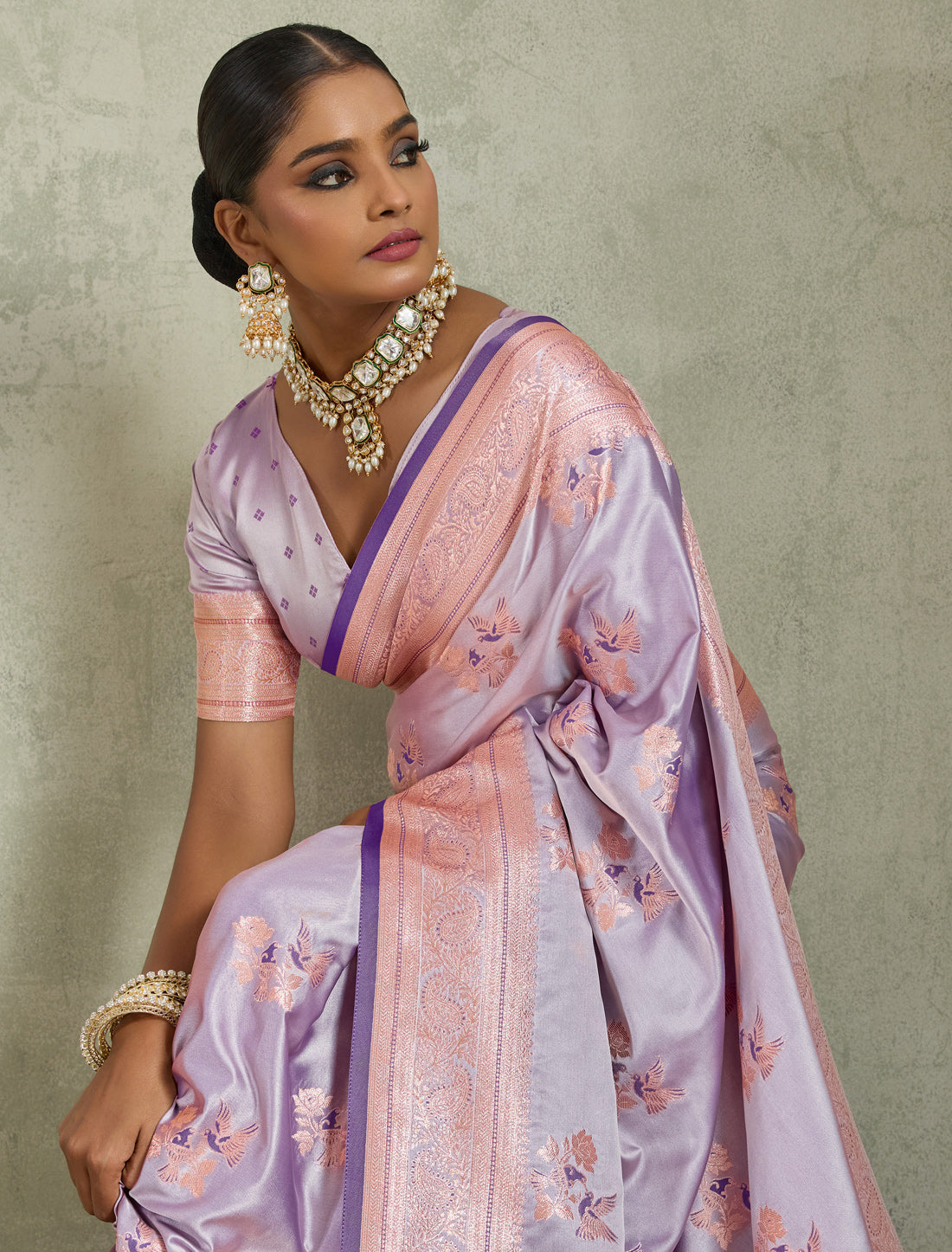 Lavender Banarasi Zari Meenakari Party Wear Satin Silk Saree