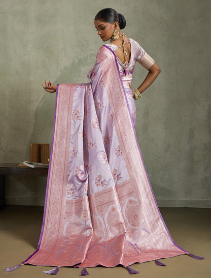 Lavender Banarasi Zari Meenakari Party Wear Satin Silk Saree
