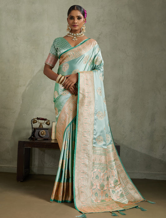 Skydome Banarasi Zari Woven Meenakari Jhallar Satin Silk Saree
