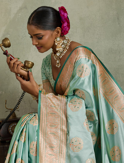 Skydome Banarasi Zari Woven Meenakari Jhallar Satin Silk Saree