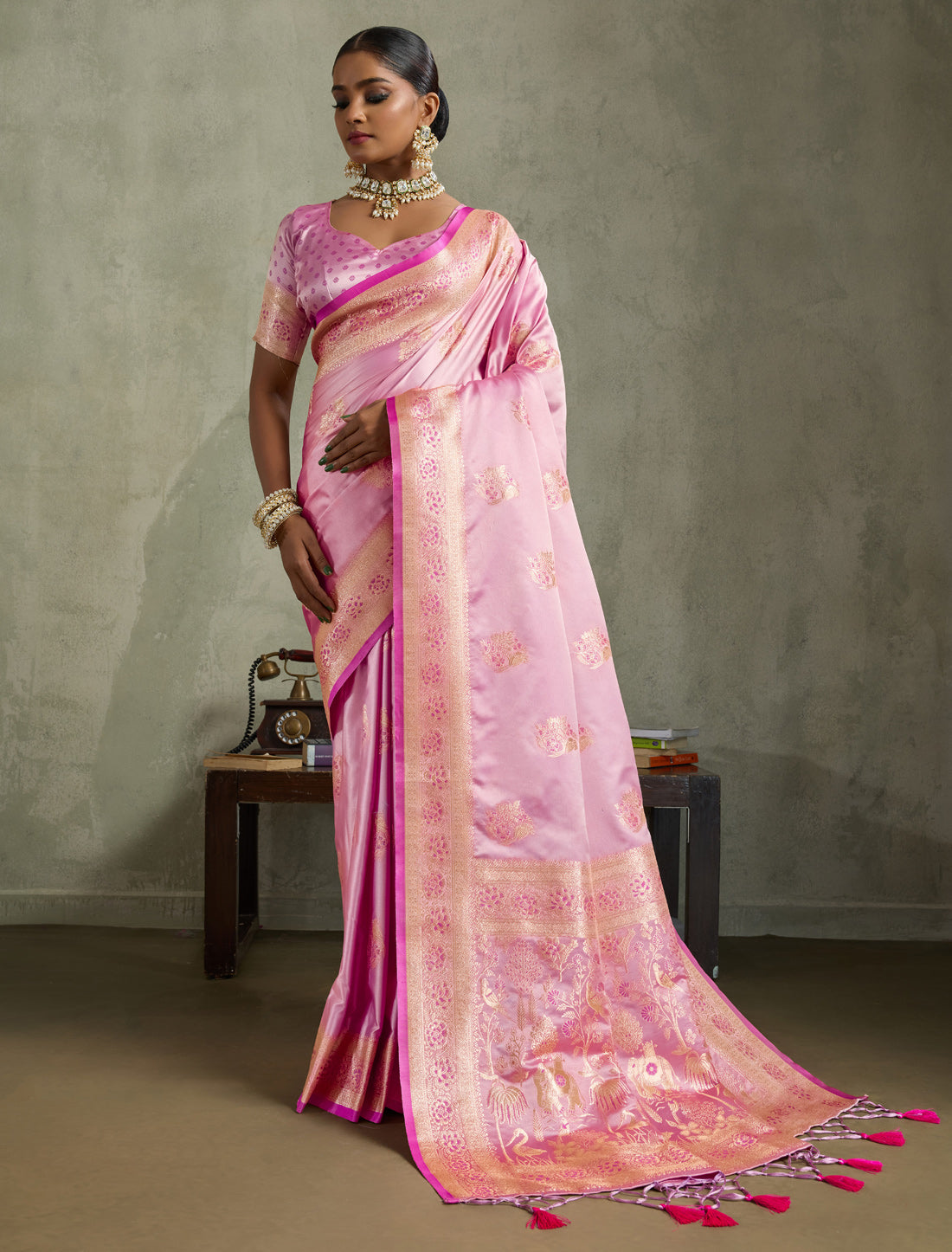 Magenta Satin Silk Saree Banarasi Zari Rich Pallu Meenakari Jhallar Latkan