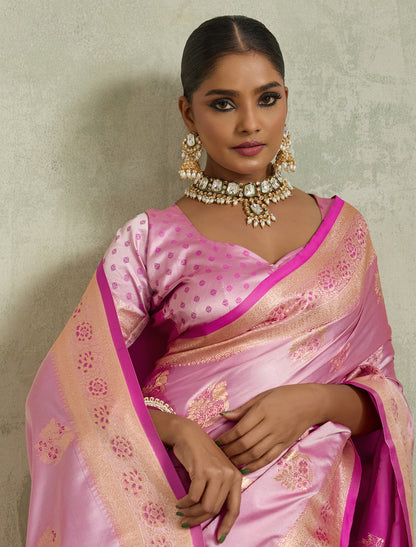 Magenta Satin Silk Saree Banarasi Zari Rich Pallu Meenakari Jhallar Latkan