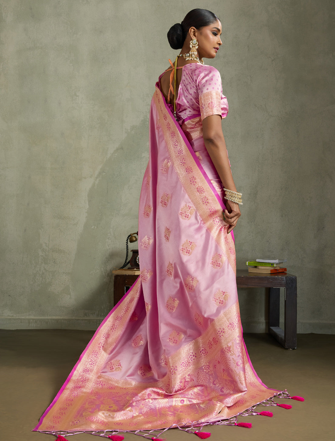 Magenta Satin Silk Saree Banarasi Zari Rich Pallu Meenakari Jhallar Latkan