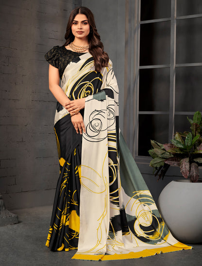 Off-White Malai Silk Crepe Digital Print Saree