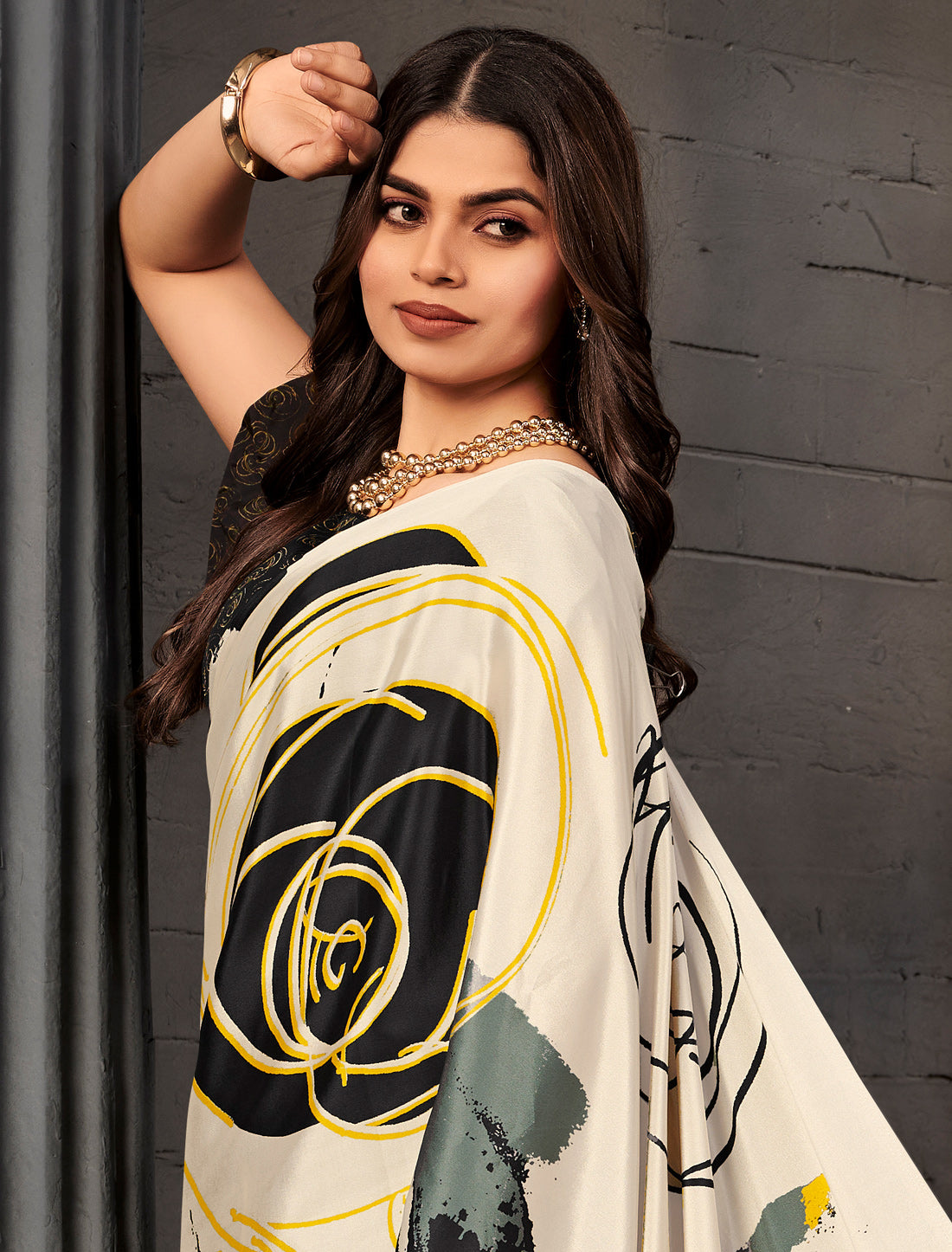 Off-White Malai Silk Crepe Digital Print Saree