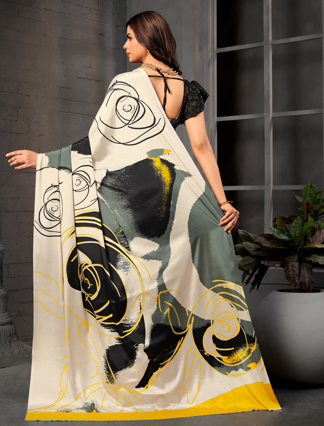 Off-White Malai Silk Crepe Digital Print Saree