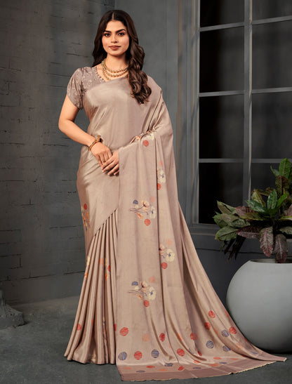 Dusty Rose Malai Silk Crepe Digital Print Saree