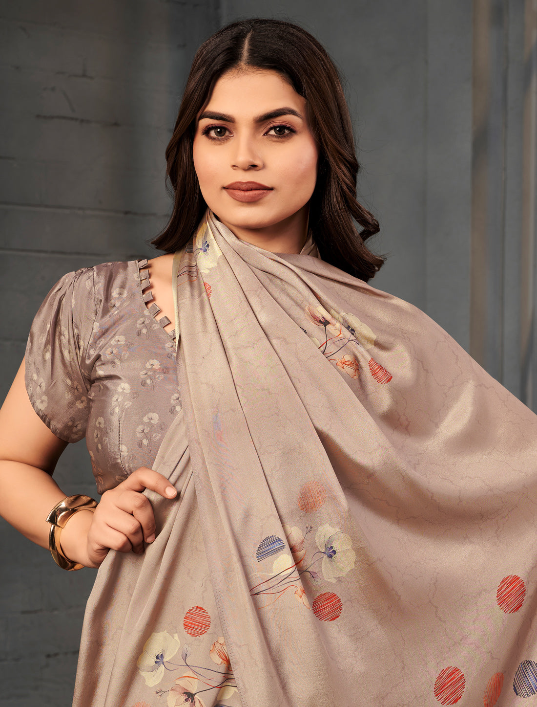 Dusty Rose Malai Silk Crepe Digital Print Saree