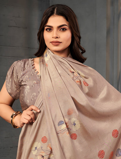 Dusty Rose Malai Silk Crepe Digital Print Saree