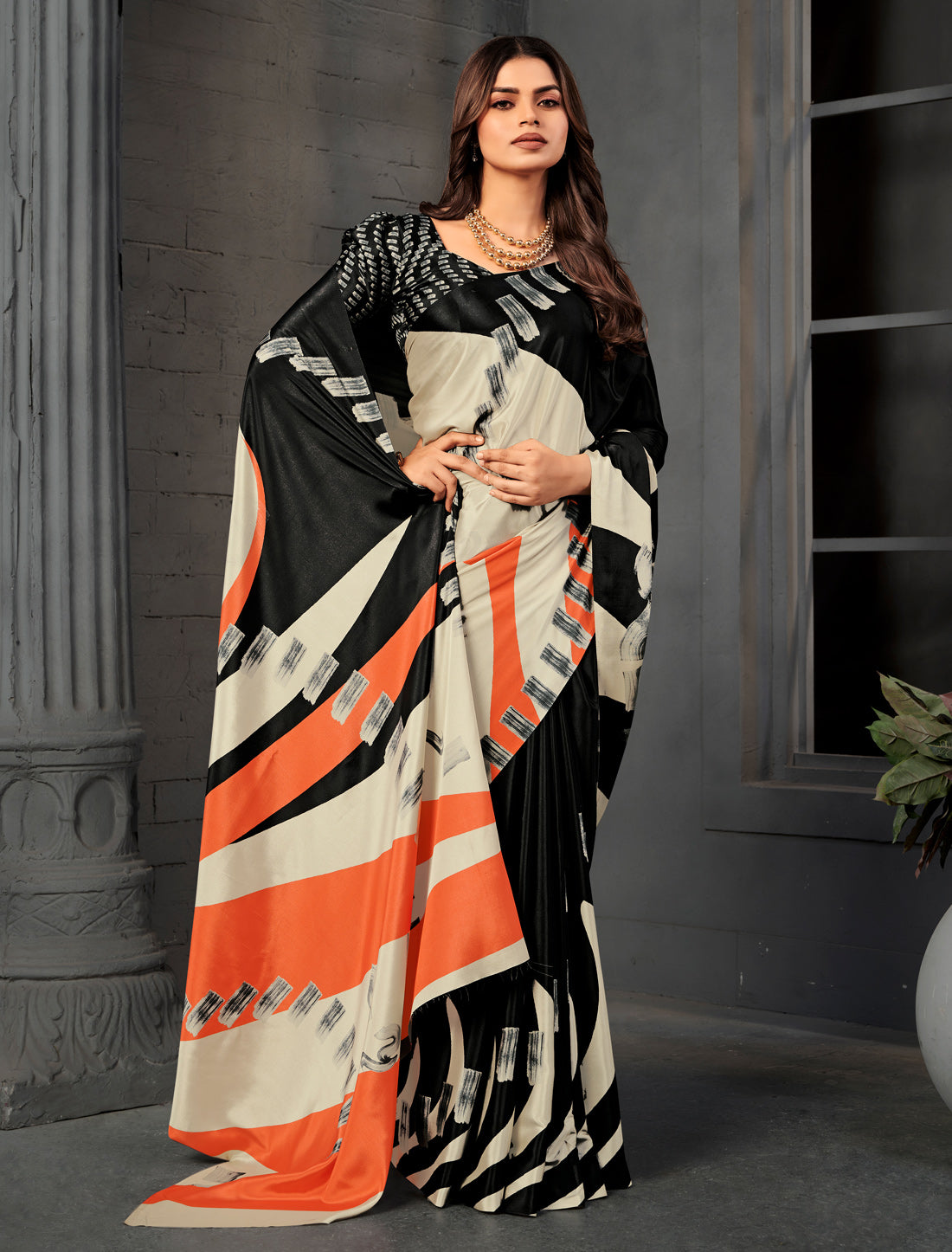 Off-White and Black Malai Silk Crepe Digital Print Saree