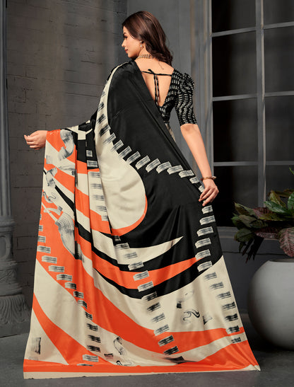 Off-White and Black Malai Silk Crepe Digital Print Saree
